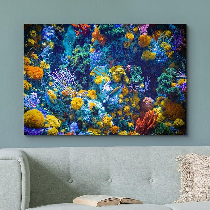 wall26 Canvas Print Wall Art Vibrant Neon Multicolor Anemone Coral Reef Nature Animals Photography Realism Rustic Scenic Landscape Wilderness Earth for Living Room, Bedroom, Office - 32"x48"