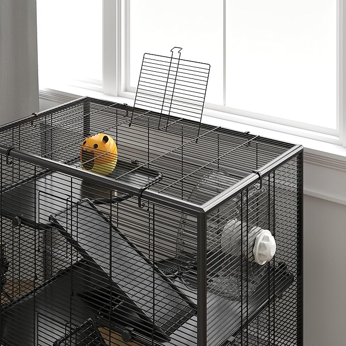 PawHut Large Hamster Cage with Deep Tempered Glass Bottom, 4 Tiers Hamster Tank with Running Wheel, Hut, Water Bottle, Dish, Rat Cage for Syrian, Dwarf, Gerbils, Mouse, 31" x 19" x 31.5", Black