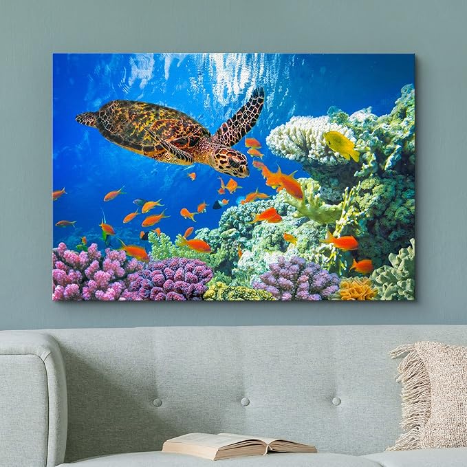 wall26 Canvas Print Wall Art Vibrant Neon Underwater Turtle, Reef & Fish Nature Animals Photography Realism Rustic Scenic Landscape Wilderness Colorful for Living Room, Bedroom, Office - 24"x36"