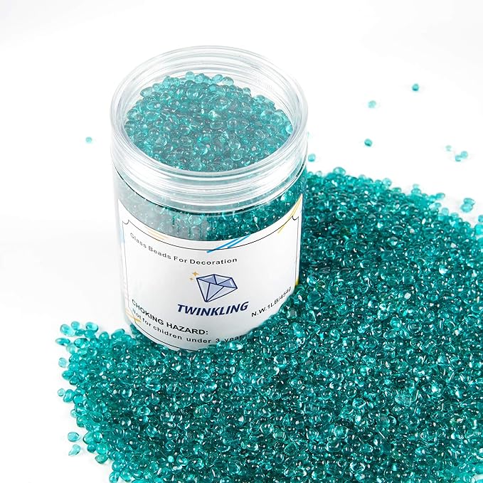 TWINKLING High Luster Round Glass Stones, Marbles, Pebbles, Beads - Fire Pit Vase Fill Crafts Aquarium Garden Decor, 3-6mm, 1-Pound Jar (Turquoise)