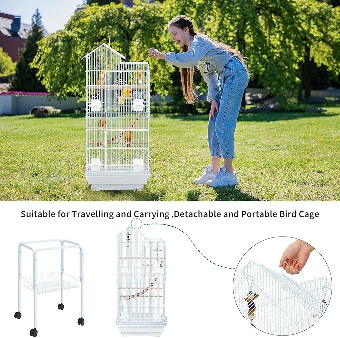 YITAHOME 62 inch Metal Bird Cage, Large Parakeet Cages for Parrot, Cockatiel, Lovebird, Pigeon with Roof Top, Rolling Stand and Hanging Accessories, White