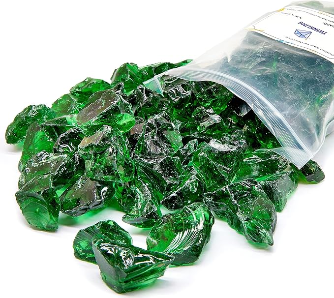TWINKLING High Luster Fire Glass Gravel Stone,Broken Glass,Fire Pit Glass,Crushed Glass for Fireplace Pit Aquarium Garden Decoration,1-3cm,2-Pound Jar (Green)