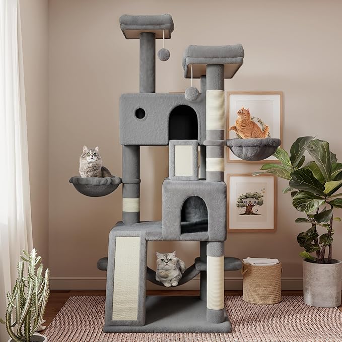 SHA CERLIN 65in Larger Cat Tree Tower Condo for Indoor Kitties/Multi-Level Furniture Activity Center with Wide Base/Cozy Plush Cat Perches/Baskets/Sisal Scratching Posts and Hammock/Grey