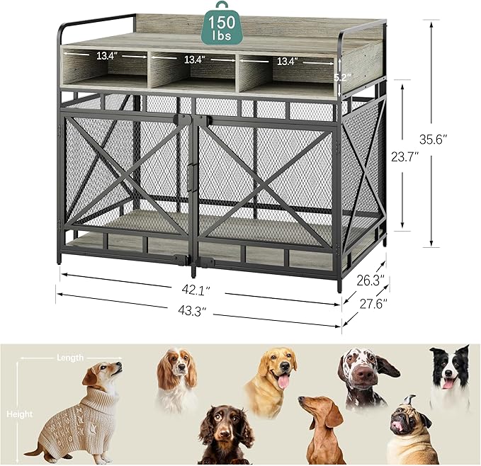 Dog Crate Furniture, 43" Heavy Duty Wooden Dog Crate End Table, XL Dog Kennel Furniture Large Breed, Decorative Dog Kennel Indoor with 3 Drawers & Steel Tubes 43" L x28 W x36 H (Grey)