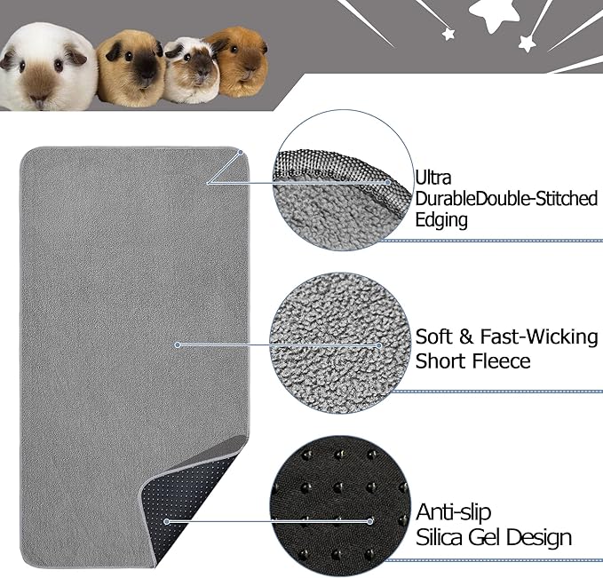 Guinea Pig Cage Liner, 2 Pack - Washable, Reusable, Leakproof Fleece Bedding Pads for Small Animals with Anti-Slip Bottom - for Midwest Cage 24''X47'' Area, Gray