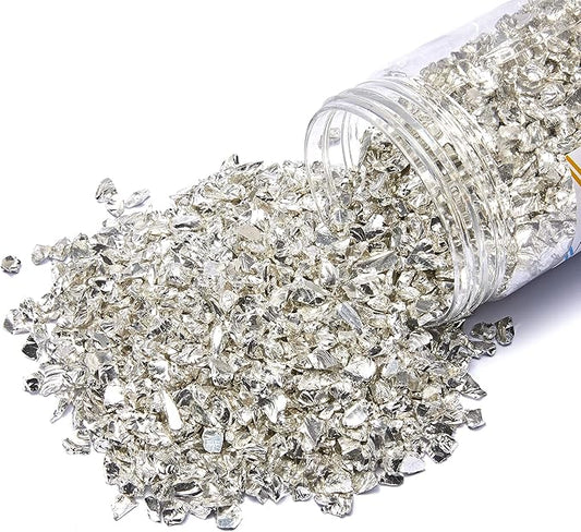 TWINKLING High Luster Crushed Glass Glitter, Broken Glass, Fire Glass Gems Chips for Fire Pit, DIY Resin Art, Epoxy Crafts, Geode Painting, Aquarium Decoration, 6-9mm(370g/13oz.) (Silver)