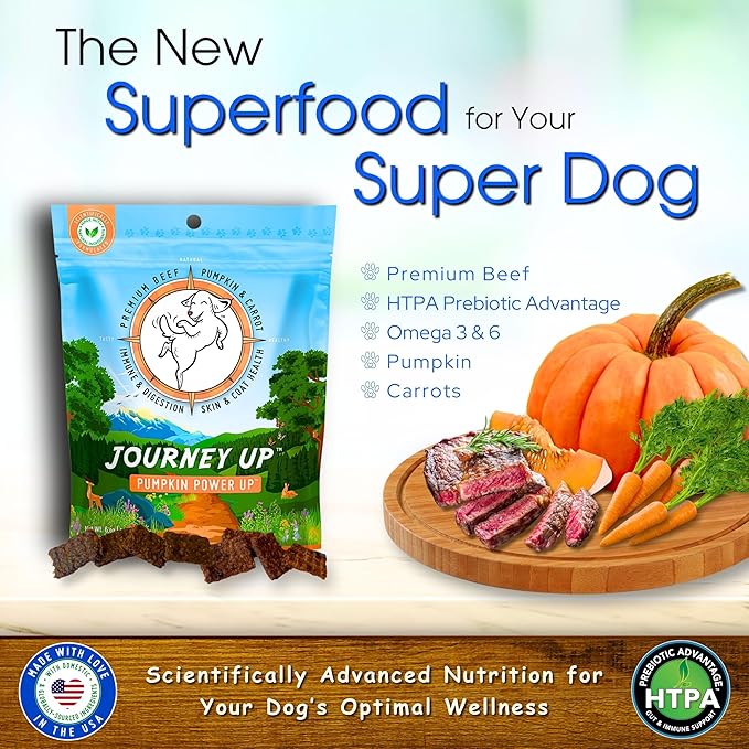 HappyTails Journey Up, Pumpkin Power Up Jerky Treats for Dogs with Beef, Pumpkin & Carrots-Made in USA-Prebiotics for Gut & Immune Health, Omega 3 & 6 for Skin & Coat, Small-Large Dogs, 6 oz.