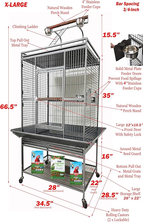 X-Large Elegant and Durable Wrought Iron Play Ground Perch Stand Top Climbing Ladder Bird Parrot Rolling Metal Cage with Around Seed Guard Storage Shelf On Heavy Duty Lockable Rolling Wheels