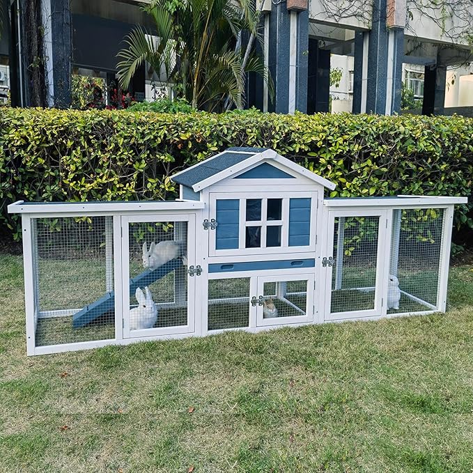 Large Outdoor Rabbit Hutch Weatherproof 2-Story Chicken Coop & Bunny Cage, Wooden Indoor/Outdoor Pet House with No-Leak Tray, Waterproof Roof & Pull-Out Tray (56.8" L x 34.7" H, Grey Blue&White)