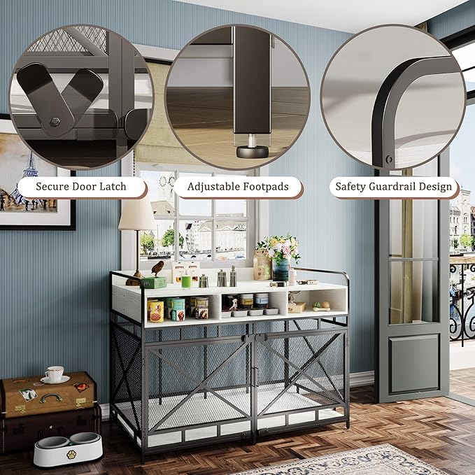 Dog Crate Furniture, 48" Heavy Duty Wooden Dog Crate End Table, XL Dog Kennel Furniture Large Breed, Decorative Dog Kennel Indoor with 3 Drawers & Steel Tube 48"L x28"W x36"H (White and Black)