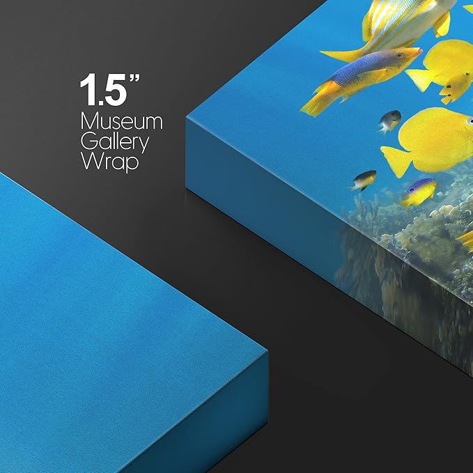 wall26 Canvas Print Wall Art Yellow School of Fish with Blue Coral Reef Nature Ocean Photography Realism Nautical Scenic Relax/Calm Multicolor Ultra for Living Room, Bedroom, Office - 12"x18"