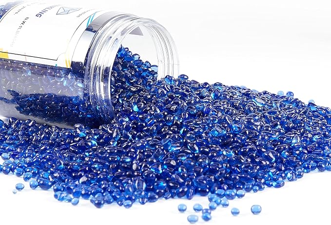 TWINKLING High Luster Round Fire Glass Stones, Marbles, Pebbles, Beads Gems for Fire Pit Vase Fillers Crafts Aquarium Garden Decoration, 3-6mm, 1-Pound Jar (Cobalt Blue)