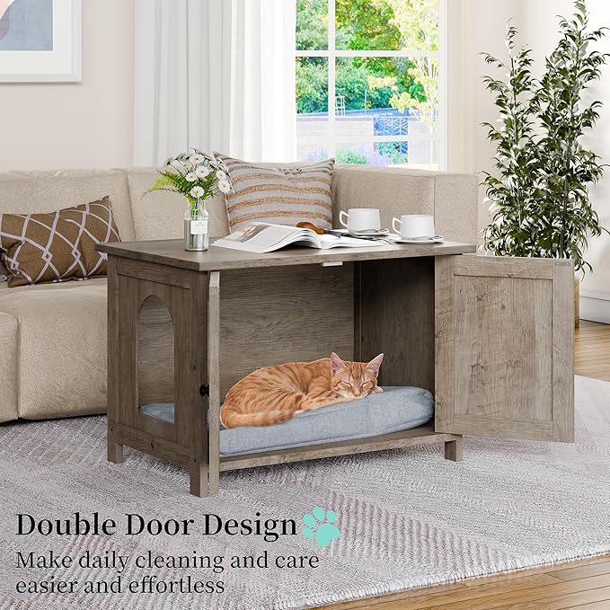 Vongrasig Cat Litter Box Enclosure,Litter Box Furniture Hidden with Barn Door,Wooden Cat Washroom Furniture,Cat House,End Table, Fit Most of Litter Box, Grey