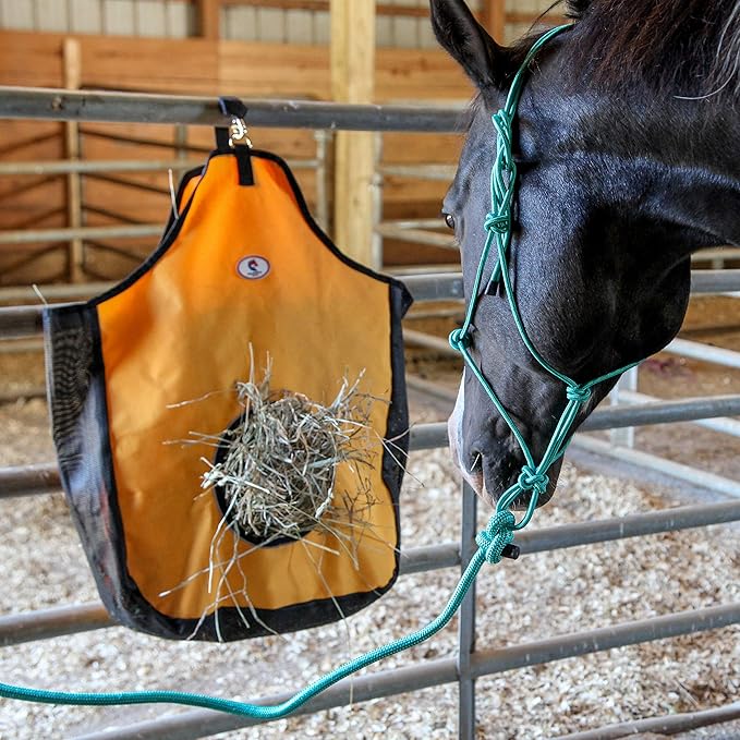 Majestic Ally 1200 D Hay Feeder Tote Bag for Horses, Sheep with Reflective Trim- Reduces Waste - Comes with 36” Hay Net. (Hunter Green)