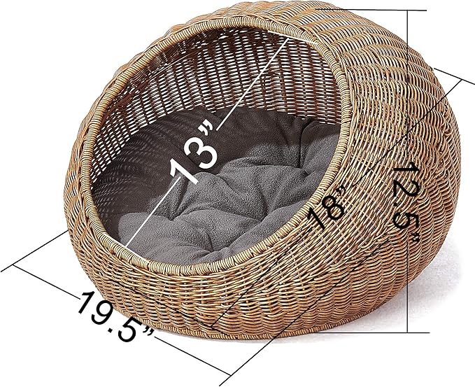 D+GARDEN Wicker Cat Bed Dome for Medium Indoor Cats - a Covered Cat Hideaway Hut of Faux Rattan Houses Pets in Dome Basket, Washable