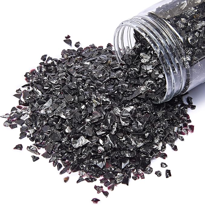 TWINKLING High Luster Crushed Glass Glitter, Broken Glass, Fire Glass Gems Chips for Fire Pit, DIY Resin Art, Epoxy Crafts, Geode Painting, Aquarium Decoration, 6-9mm(370g/13oz.) (Black)