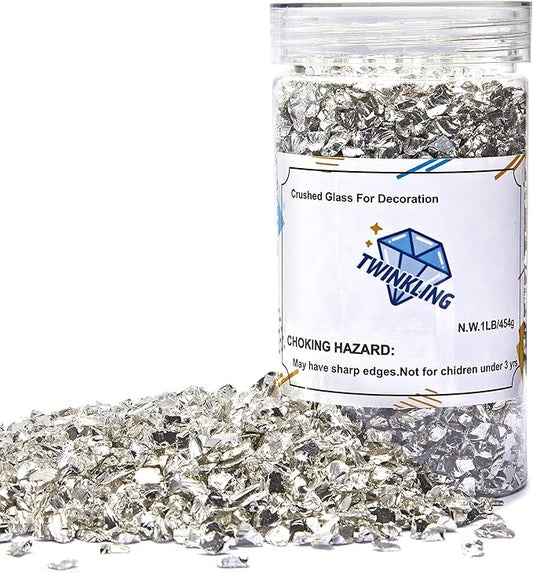 TWINKLING High Luster Fire Glass Gravel Stone Glitter,Broken Glass,Fire Gems Chips,Crushed Glass for Fire Pit Crafts Resin Art Aquarium Garden Decoration,3-6mm,1-Pound Jar (Silver)