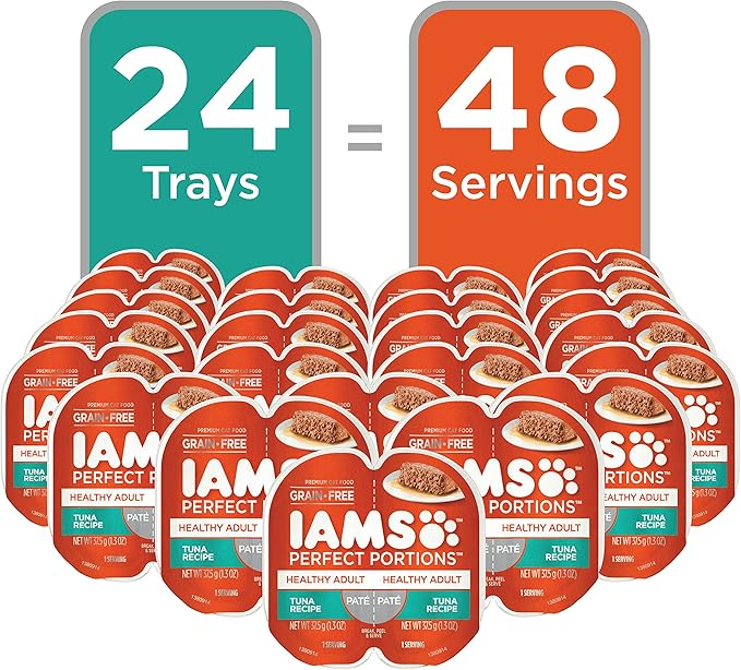 IAMS Perfect Portions Healthy Adult Grain Free Wet Cat Food Pate, Tuna Recipe, 2.6 oz. Easy Peel Twin-Pack Trays (24 Count, 48 Servings)