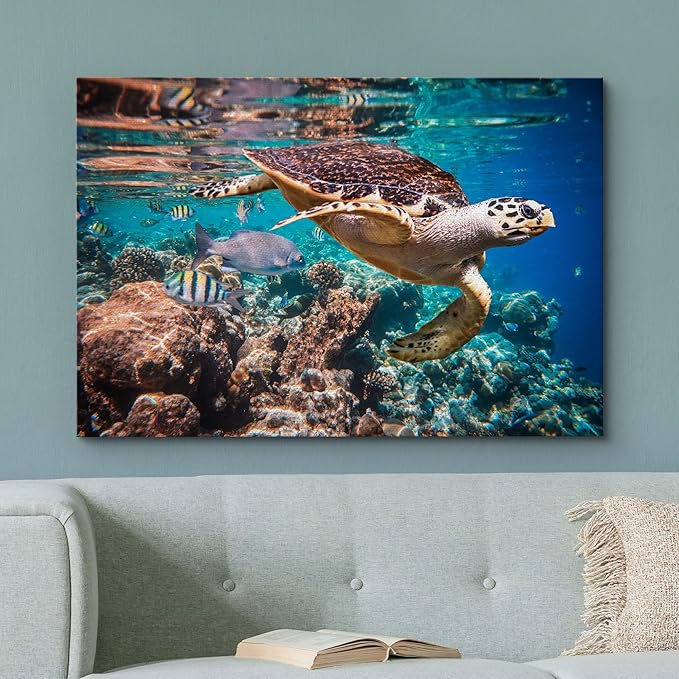 wall26 Canvas Print Wall Art Tropical Turtle Coral Reef Deep Sea Dive Nature Animals Photography Realism Rustic Scenic Landscape Wilderness Earth Colorful for Living Room, Bedroom, Office - 24"x36"