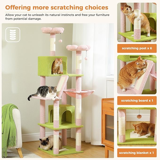 PAWZ Road 70 Inch Cat Tower, Pink Cat Tree with 2 Cozy Condos, 2 Plush Perch, Large Basket, 2 Scraching Pad & 6 Scraching Posts for Indoor Cats Large Adult