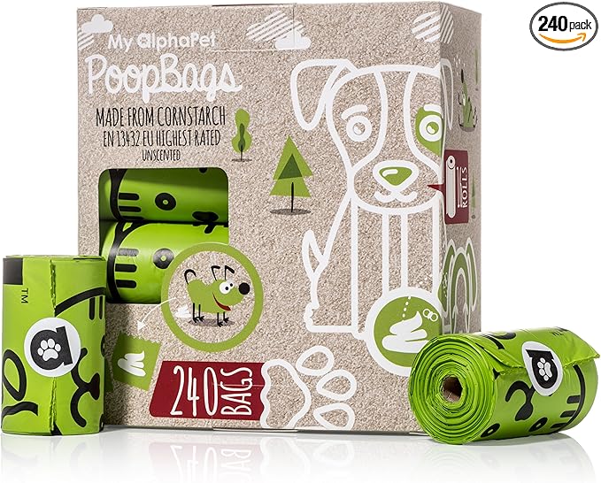 Compostable Dog Poop Bags, Cornstarch Eco-Friendly, HOME COMPOST NF T 51-800, 240 Count, Large Size Bag 9x13 Inches, 16 Unscented Refill Rolls, Leak-proof, Plantbased, GM-Free Corn (Green)