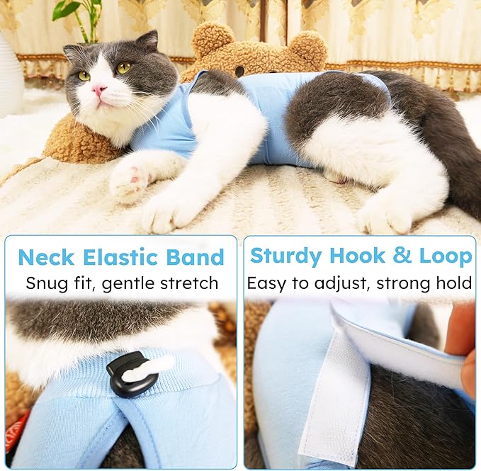 Recovery Suit for Cats After Surgery Soft Breathable Pet Bodysuit E-Collar & Cone Alternative Surgical Suit Kitten Wear Anti Licking Wounds Cat Onesie Cats Neuter Shirt Blue S