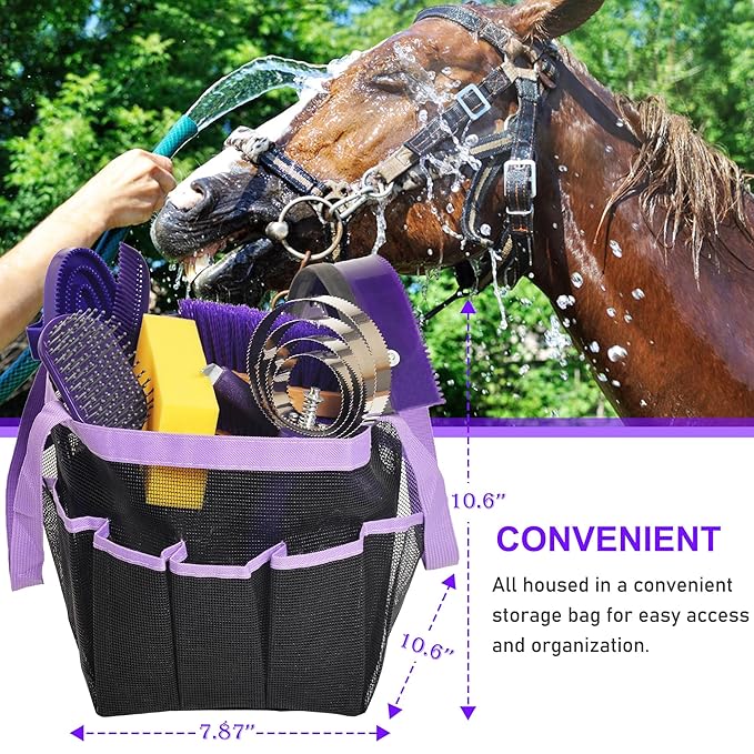 Horse Grooming Kit - 11 Piece Bathing Supplies with Organize Bag, Full Body Kit Including Sweat Scraper, Bath Sponge, Hoof Pick, Massage Comb (Purple)