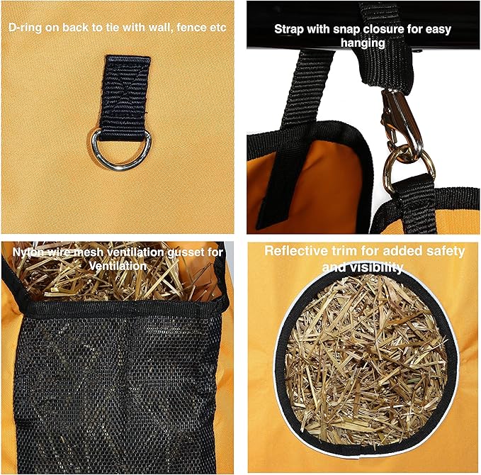 Majestic Ally 1200 D Hay Feeder Tote Bag for Horses, Sheep with Reflective Trim- Reduces Waste - Comes with 36” Hay Net. (Royal Blue)