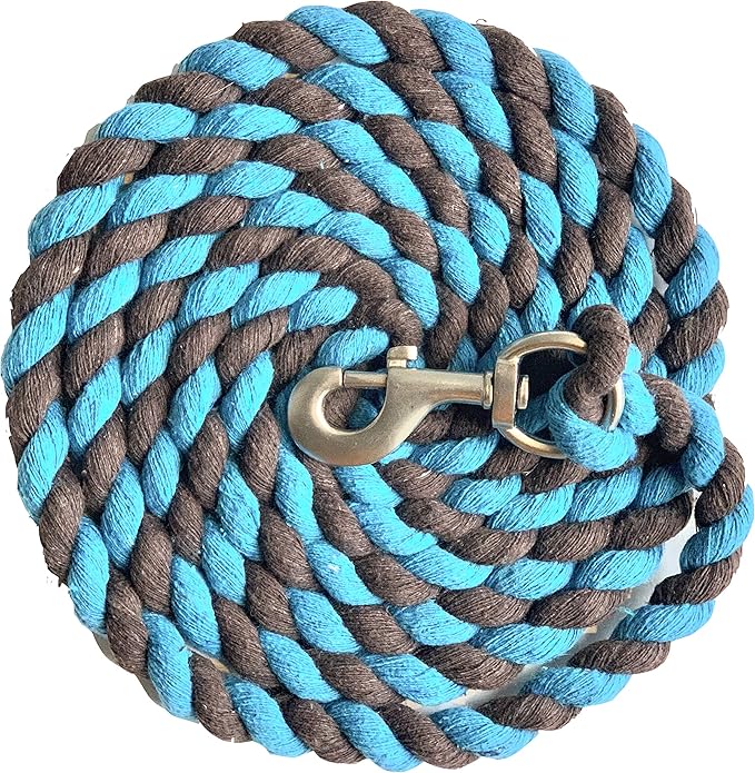 Majestic Ally Pack of 2 Solid Cotton Lead Rope for Horses & Livestock – 10 Foot Long and 5/8 inch Thick - Replaceable Heavy-Duty Satin Bolt Snap – Handmade – Soft, Broken in Feel (Turquoise -Brown)