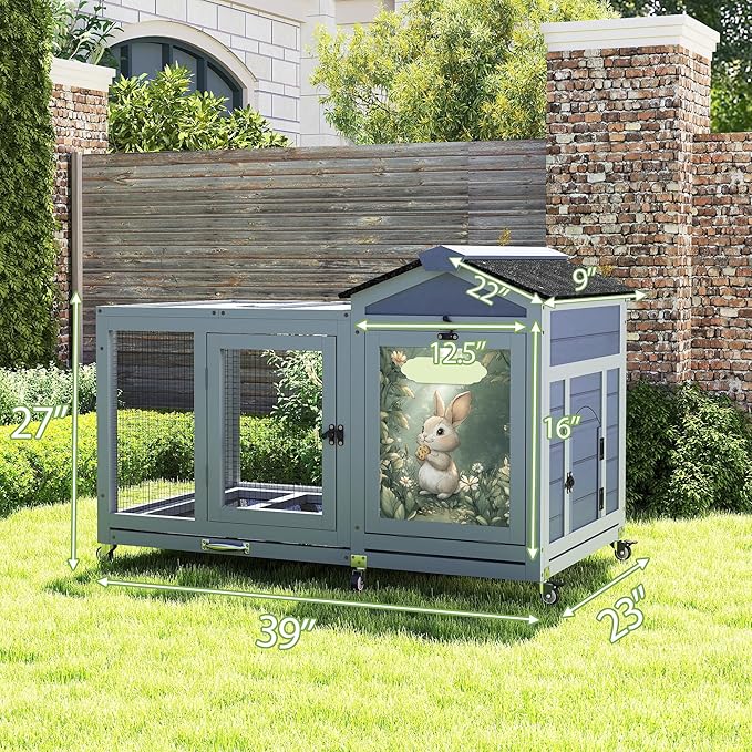 COZIWOW 38.5inches Durable Wooden Rabbit Cage Indoor，Wide Space Small Animal House with Removable Tray&Safety Lock，Rubbit Hutch with Waterproof Roof&Solar Panels (Grey with Pattern)