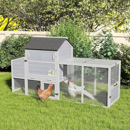 COZIWOW 82" Large Wooden Chicken Coop, Outdoor Rabbit Hutch, Guinea Pig Pet House with Wheels, Sunshine Board, Asphalt Roof, Ramp, Openable Top, Door, Window, Pull-Out Tray, Indoor Bunny Cage (Gray)