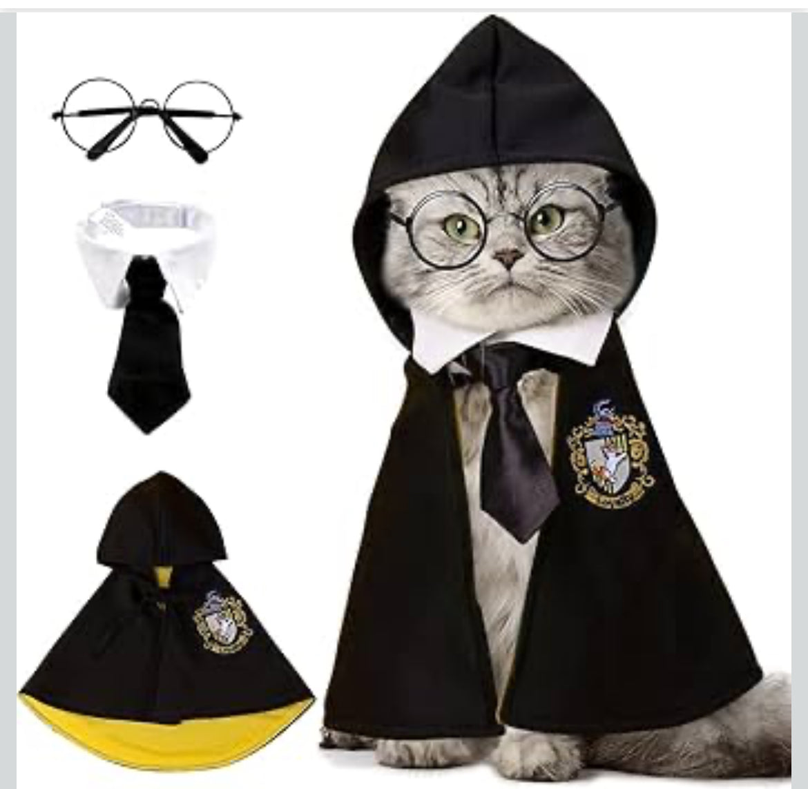 Harry Potter Theme Halloween Costume - Pet Wizard Costumes Mantle Magician Cosplay Clothes with Bowtie & Glasses Set, Festival Party Apparel for Small Pets Cats Dogs - (Small to  Large size)